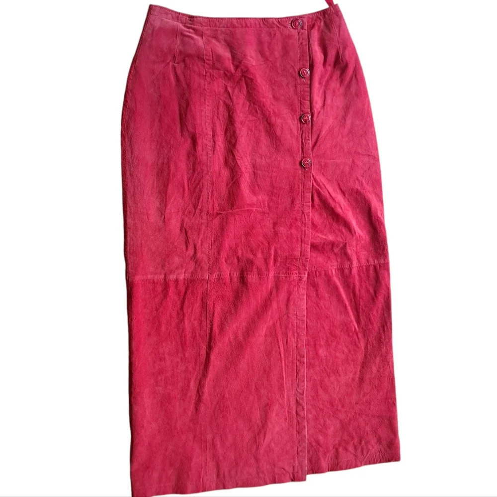 VTG 100% Genuine Natural Suede Leather Long Maxi Skirt Button Wrap Red Vintage